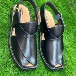 Classic Black Leather Peshawari Chappal– White Embroidery and Clean Look